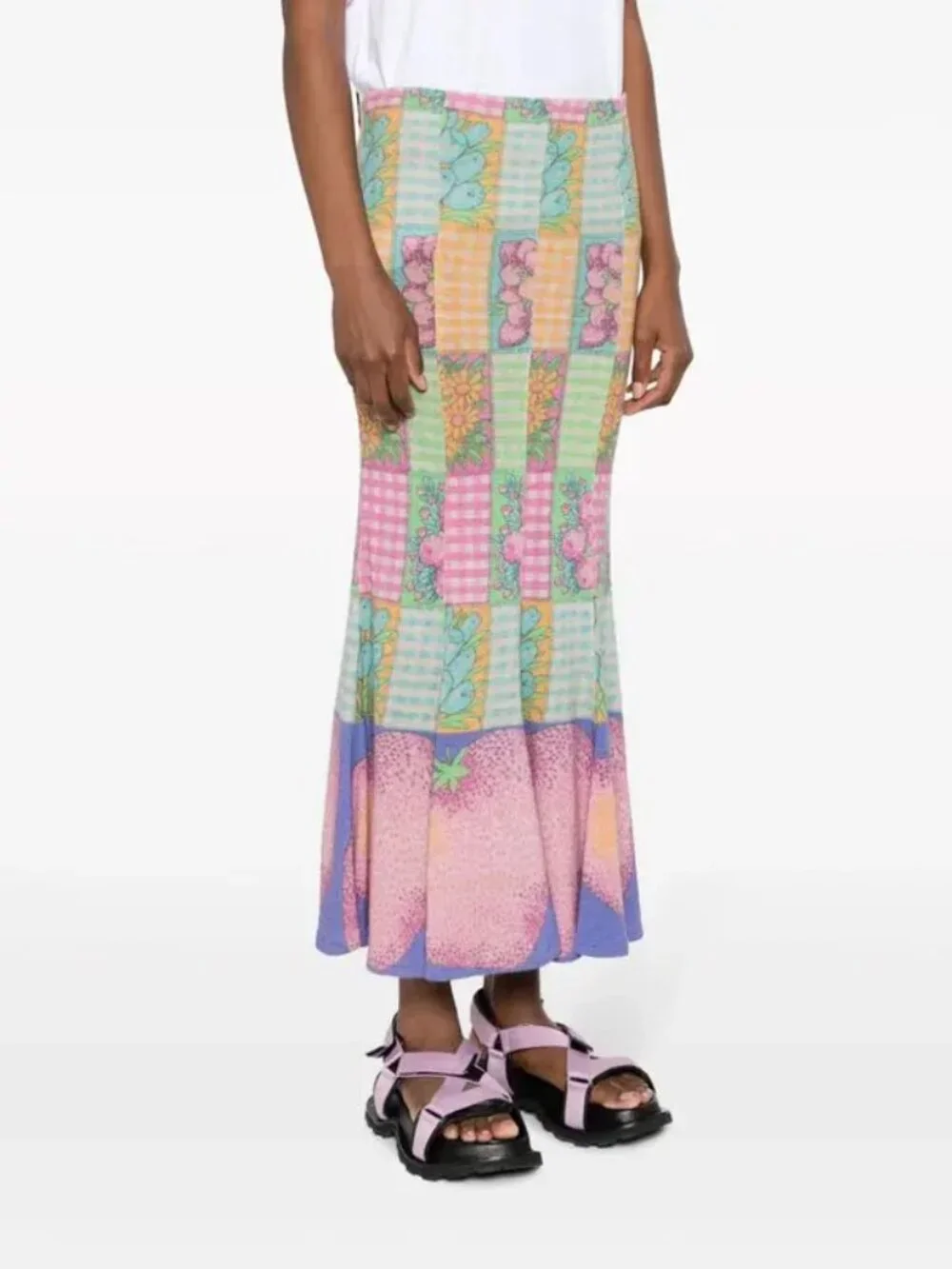 NWT ERL Mix Print Fluted Maxi Skirt Size L Pink Fruit Floral Gingham Designer